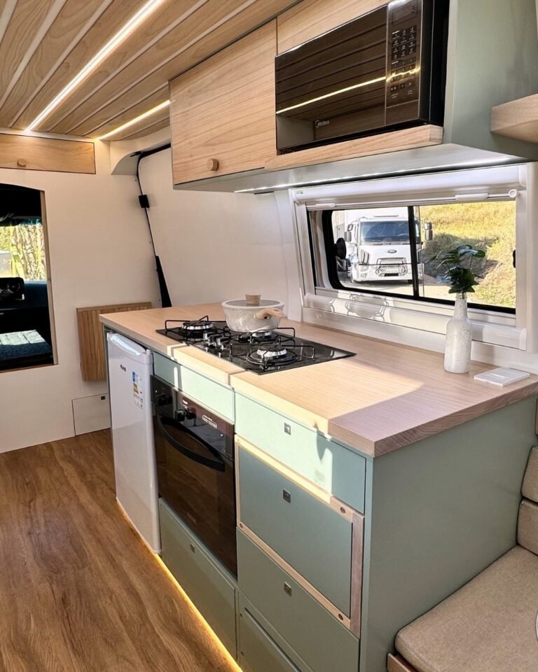 Cozinha do motorhome Sprinter 416 Extra Longa com microondas integrado, em design moderno e funcional
